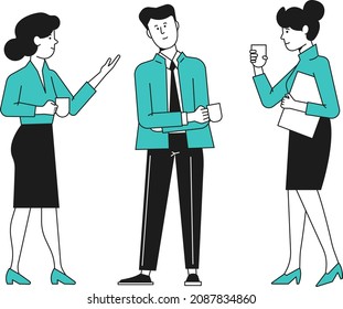 Coworkers relaxing chatting. Coffee break. Colleagues talk together