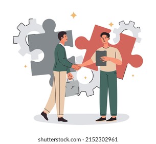 Coworkers shake hands. Men with folders on puzzle background. Metaphor for teamwork for common goal. Company development, partnership and communication concept. Cartoon flat vector illustration