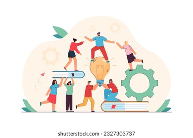 Coworkers supporting each other at work vector illustration. People working together, holding books and lightbulb, helping team leader climb higher. Teamwork, collaboration, business concept