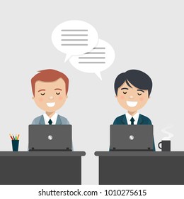 Coworkers talking about work at the office. Vector illustration