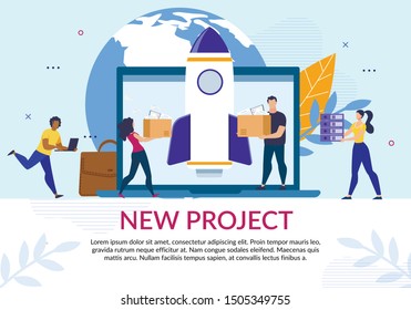 Coworkers Team Working on New Project Creation. Online Startup. Cartoon Man and Woman Characters with Cupboard Boxes and Documents Folders. Huge Laptop and Earth Globe. Ad Poster. Vector Illustration