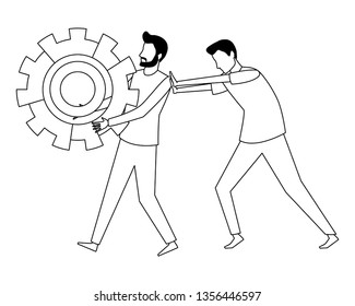 Coworkers teamwork cartoon in black and white