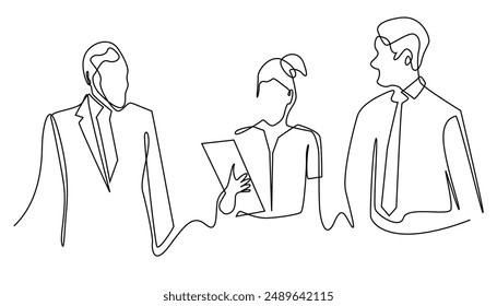 coworkers walking discussing work.group of workers walking together and chatting.single line vector illustration.one continuous line drawing