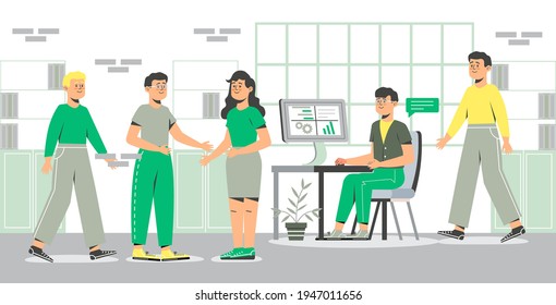 Coworkers are working. Business meeting collaboration. Office is open. Successful teamwork concept vector. Employee is sitting at the table. Brainstorming is up. Business partnership help.