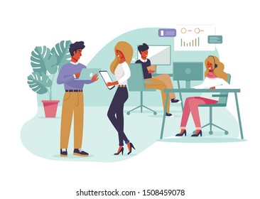 Coworkers Working on Business Project at Office. Man and Woman with Digital Gadgets in Hands Discussing News, Sharing Ideas. Female Worker Having Video Chat. Guy Analyzing Data. VEctor Illustration