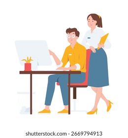 Colegas de trabalho trabalhando em computador e oferecendo orientação, trabalho em equipe mentoria colaboração conceito ilustração