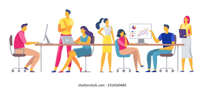 Coworkers workplace. Team working together in coworking space, office team workers and business colleagues. Creativity collaborative offices, designers conversation vector illustration