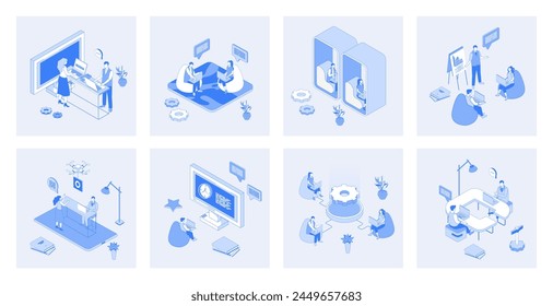 Coworking 3d isometric concept set with isometric icons design for web. Collection of employees workplace in open office, colleagues working together, business meeting community. Vector illustration