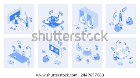 Coworking 3d isometric concept set with isometric icons design for web. Collection of employees workplace in open office, colleagues working together, business meeting community. Vector illustration