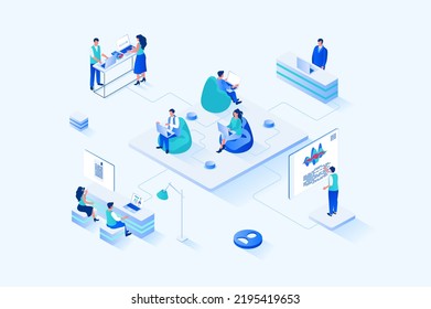Coworking 3d isometric web design. People work on laptops in open office, discussing tasks and work together on project, communicate and collaborate, workspace of startup. Vector web illustration