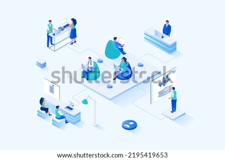 Coworking 3d isometric web design. People work on laptops in open office, discussing tasks and work together on project, communicate and collaborate, workspace of startup. Vector web illustration