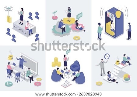 Coworking 3d isometry concept for web design. Collection set with isometric people work in office space with coworkers workspace, workplace room, freelance and startup teamwork. Vector illustration.