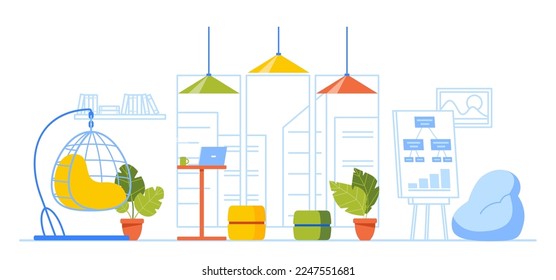 Coworking Area Interior, Modern Environment Place for United Work of Freelance Employees. Comfortable Room with Chairs, Armchairs, Lamps and Laptops. Cartoon Vector Illustration