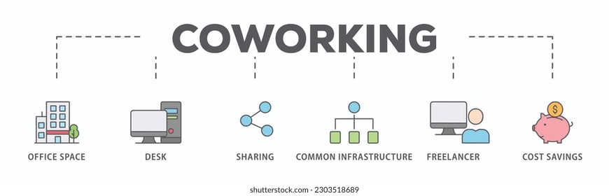 Banner de coworking web icono de ilustración vectorial con icono de espacio de oficina, escritorio, uso compartido, infraestructura común, autónomo y ahorro de costes
