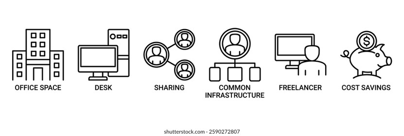 Coworking banner web icon vector illustration concept with icon of office space, desk, sharing, common infrastructure, freelancer, and cost savings icons. Outline vector symbol background.