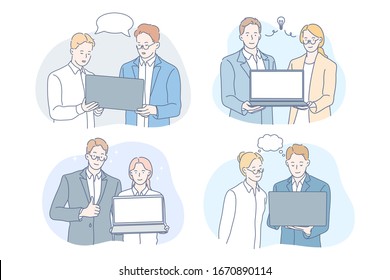 Coworking, brainstorming, teamwork, idea, business set concept. Teams of businesspeople clerks managers with laptops, meeting in office. Businessmen, women coworkers do teamwork. Brainstorming process