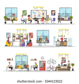 Coworking building interior. People working together at office on white.