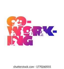 Co-working business concept design. Working silhouette people using laptops and shaking hands in the colorful 'Co-working' word. Vector illustration.