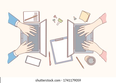 Coworking, business, freelance, coding concept. Team man and woman hands typing text article for posting content. Teamwork for website development and IT programming or updating software on laptops.