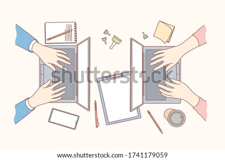 Coworking, business, freelance, coding concept. Team man and woman hands typing text article for posting content. Teamwork for website development and IT programming or updating software on laptops.