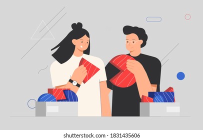 Coworking and business partnership concept. People connecting puzzle elements or jigsaw pieces. Flat style vector illustration.