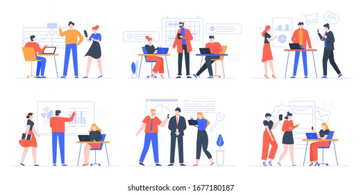 Coworking business team. People working together, creative teamwork in coworking space, office teamwork meeting vector illustration set. Creative teamwork, cooperation partnership brainstorming