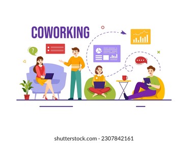 Coworking Business Vector Illustration with Colleagues Talking, Meeting and Working at the Office in Flat Cartoon Hand Drawn Landing Page Templates