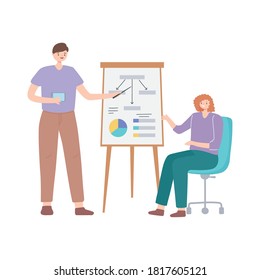 coworking, businessman and businesswoman business report board vector illustration