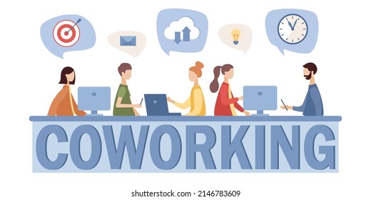 Coworking center. Business meeting. Shared working environment. People talking and working at computers, laptop, smartphone in the open space office. Vector flat illustration