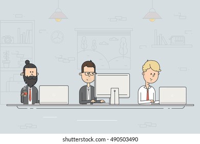 Coworking center. Business meeting. Team working. People working at the computers in the open office. Flat design vector illustration.