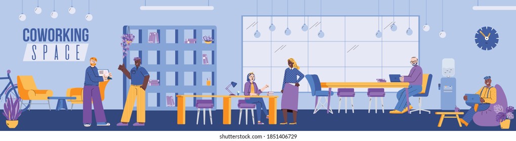 Coworking center or business meeting in coworking workspace with cartoon people characters. People talking and working in open space office, flat vector illustration.