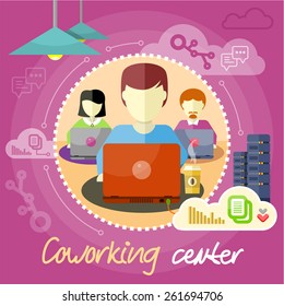 Coworking center concept. Co-working item icons. Business meeting in flat design. Shared working environment. People work with laptops