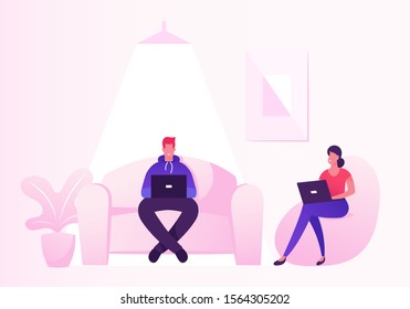 Coworking Center Concept. People Talking and Working at Computers and Gadgets in Open Space Office with Comfortable Couch. Business Meeting, Shared Working Environment. Flat Vector Illustration