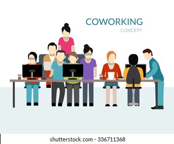 Coworking center concept with people working at the table flat vector illustration