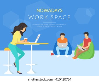 Coworking center concept. Shared working environment with various people talking and working at the computers in the open space office. Flat concept illustration of creative thinking