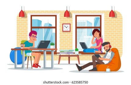 Coworking center concept vector illustration. Coworking team. People making use of laptops, tablet, headset and headphones. Flat style design.