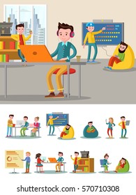 Coworking center flat composition with freelancers recreational zone and working space in comfortable office vector illustration