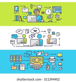 Coworking center, freelancer. Office work. Team business freelance, paperwork and openspace, communication processing, control organization workflow, development brainstorming. Thin, lines flat icons