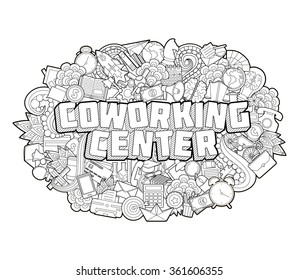 Coworking Center - Hand Lettering and Doodles Elements Sketch on White Background. 