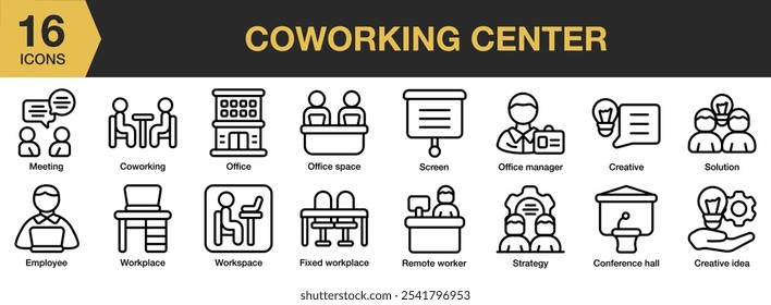 Coworking Center icon set. Includes conference hall, creative idea, employee, meeting, office manager, and More. Outline icons vector collection.