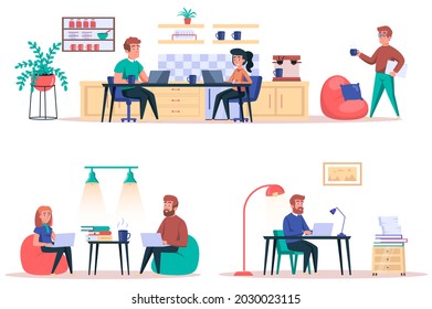 Coworking center isolated elements set. Bundle of employees work in open office, freelancers with laptops perform work tasks, organization. Creator kit for vector illustration in flat cartoon design