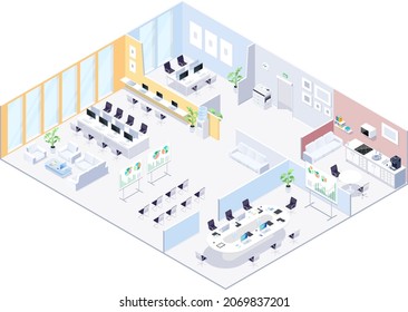 Coworking center isometric concept. 3d interior of a coworking hall. Workspace for team work, freelance. Vector illustration.