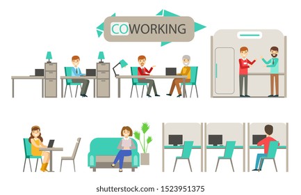 Coworking Center, People Metting,Talking and Working Together at the Computers in the Open Space Office Vector Illustration