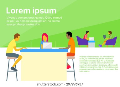 Co-working Center People Sitting Desk Working Together Flat Vector Illustration