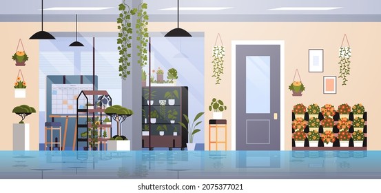 coworking center with potted plants and flowers on shelves gardening concept office interior horizontal