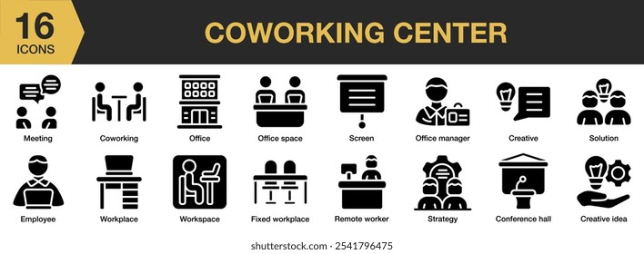 Conjunto de ícones sólidos do Centro de Trabalho em Grupo. Inclui sala de conferências, ideia criativa, funcionário, reunião, gerente de escritório e muito mais. Coleção vetorial de ícones sólidos.