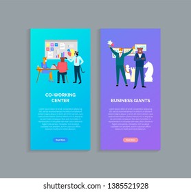 Coworking center vector, hipster animals on meeting, presentation and business giants with megaphone. Tiger and bear, raccoon and fox sitting by table