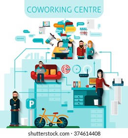 Coworking centre composition with communication and transport symbols flat vector illustration 