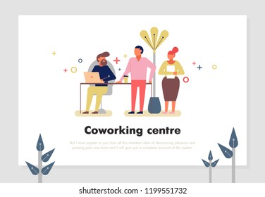 Coworking centre with people working online symbols flat vector Illustration