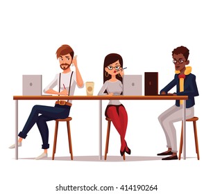 coworking, collaborative teamwork, vector cartoon comic illustration on a white background, isolated workers in office, Corporate Business Team Working Busy Concept, coworking center, Business meeting